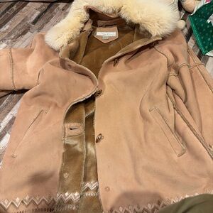 Faux suede and fur Shearling jacket Coat detachable Collar XL embroidery